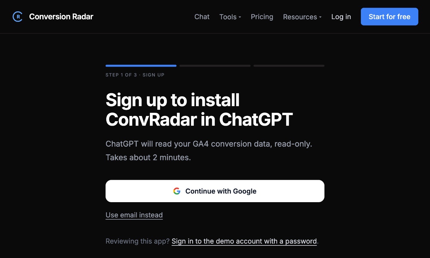 ConvRadar sign-up screen opened from ChatGPT: Continue with Google to connect GA4 to ChatGPT read-only