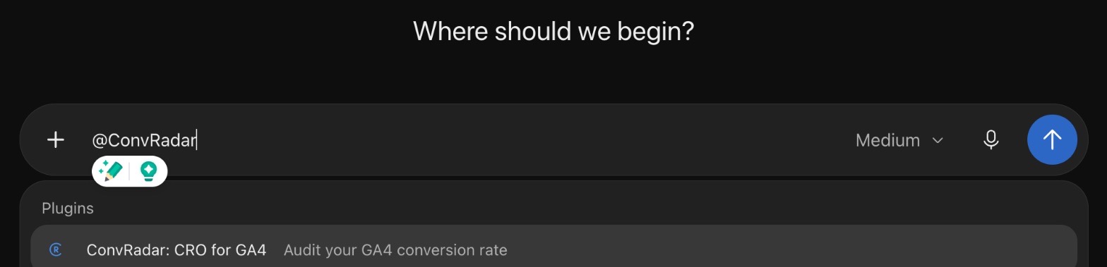 Typing @ConvRadar in the ChatGPT message box shows the ConvRadar: CRO for GA4 plugin in the picker