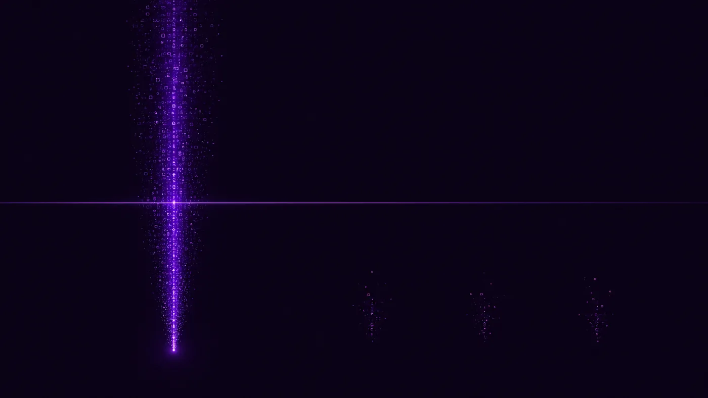 One dense column of light crossing a horizontal threshold line while three faint clusters fall well short of it, showing why only a high-volume AI traffic source clears the sample floor for a trustworthy conversion rate.