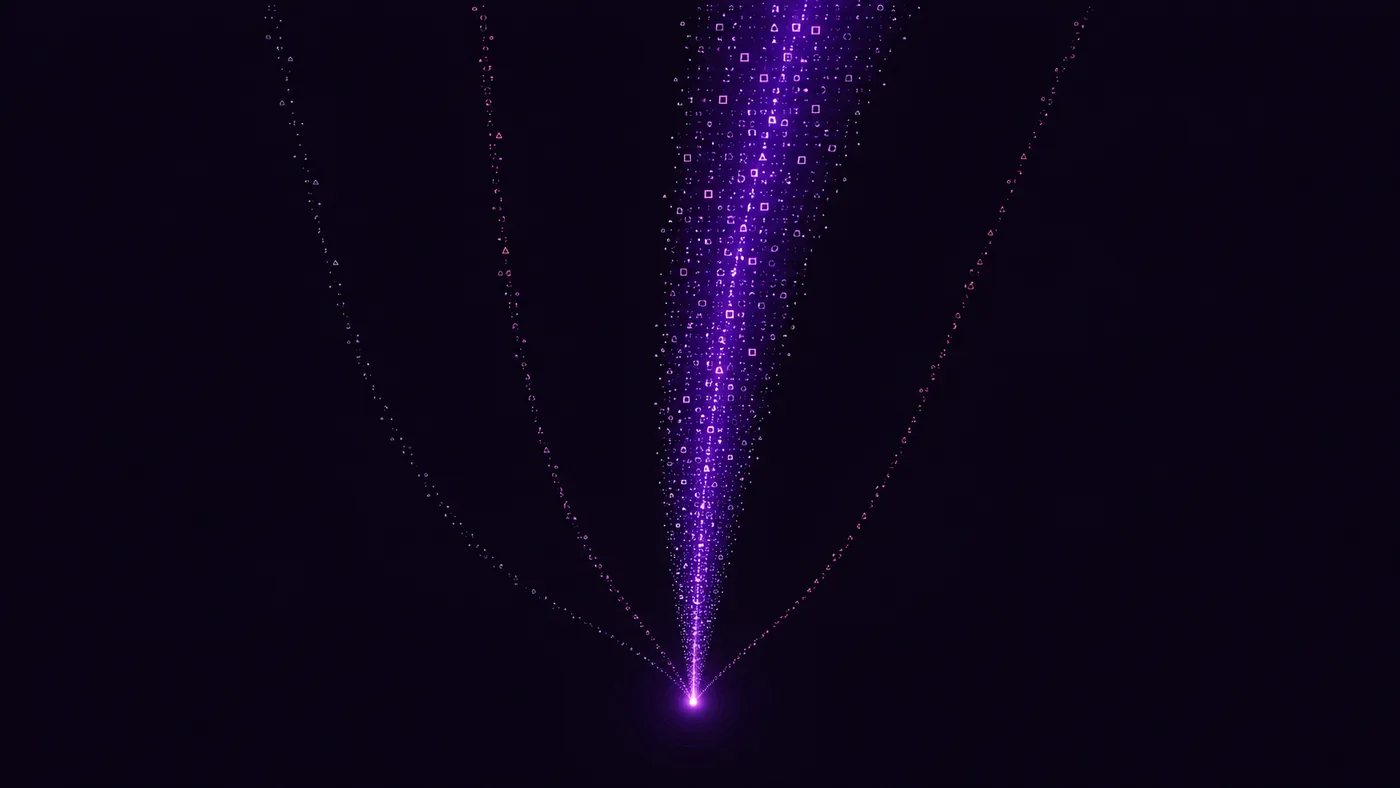 Four particle streams of very unequal size converging into a single point, a visual for how ChatGPT, Perplexity, Gemini, and Claude send very different volumes of AI traffic to one site.